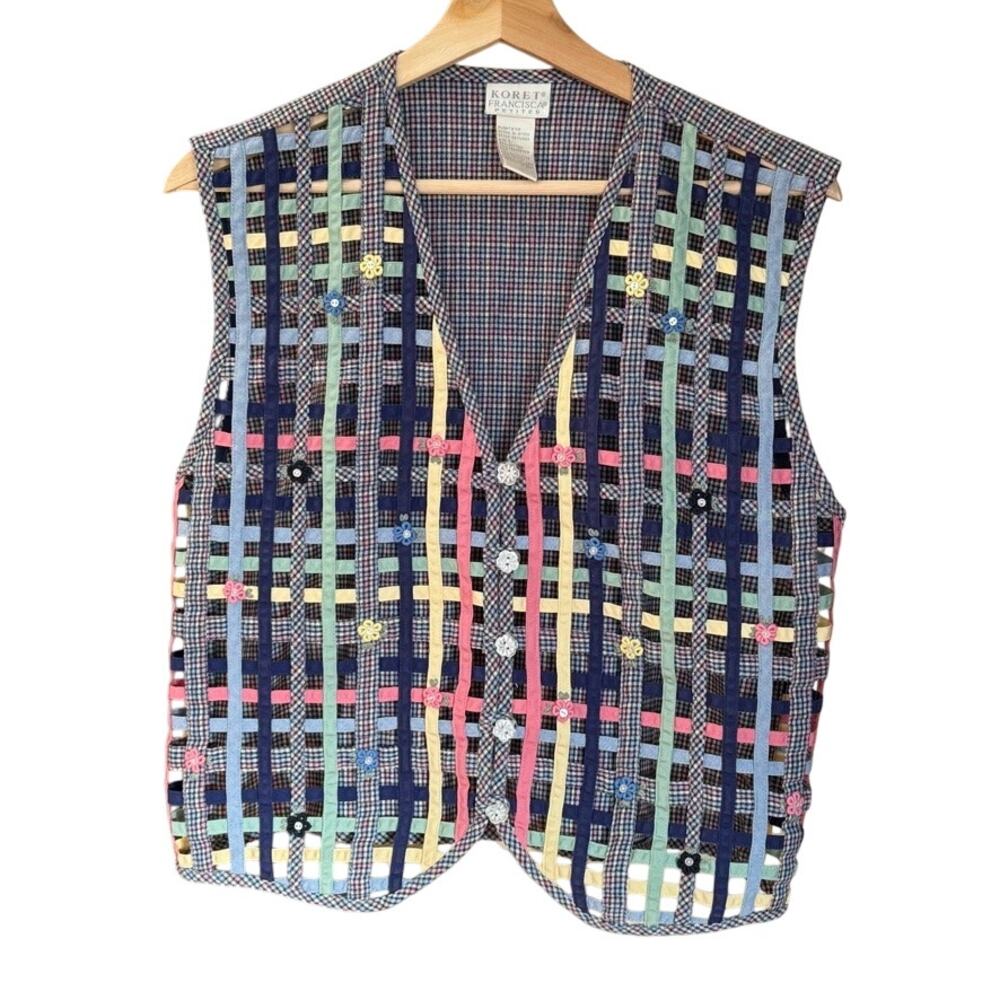 Vintage 80's Koret Francisca Petites Spring Flowers Woven Cotton Vest Sz L